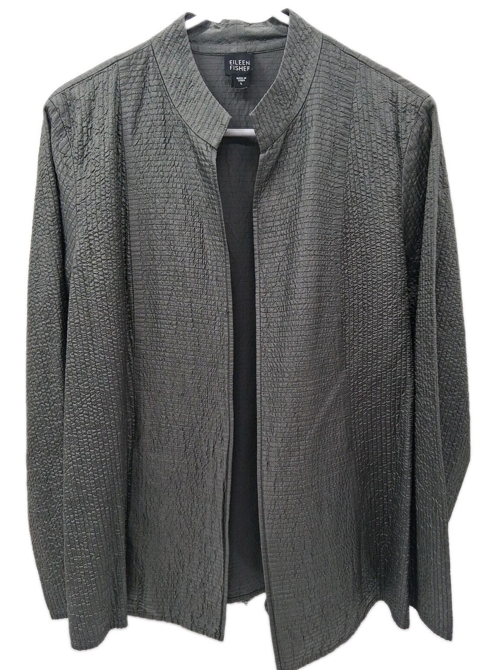 Eileen Fisher Blazer Women's Large Green Textured Mandarin Tussah Silk Open